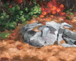 Leaf Covered Rock Oil on Panel